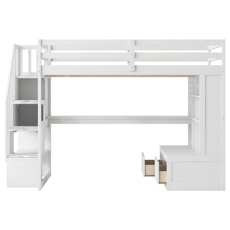 White Full Size Loft Bed with Desk Shelves Storage Staircase and Drawers