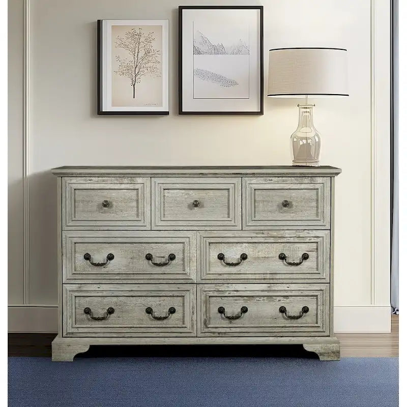 Vintage Style 7-Drawer Wide Dresser with Antique Metal Handles, White