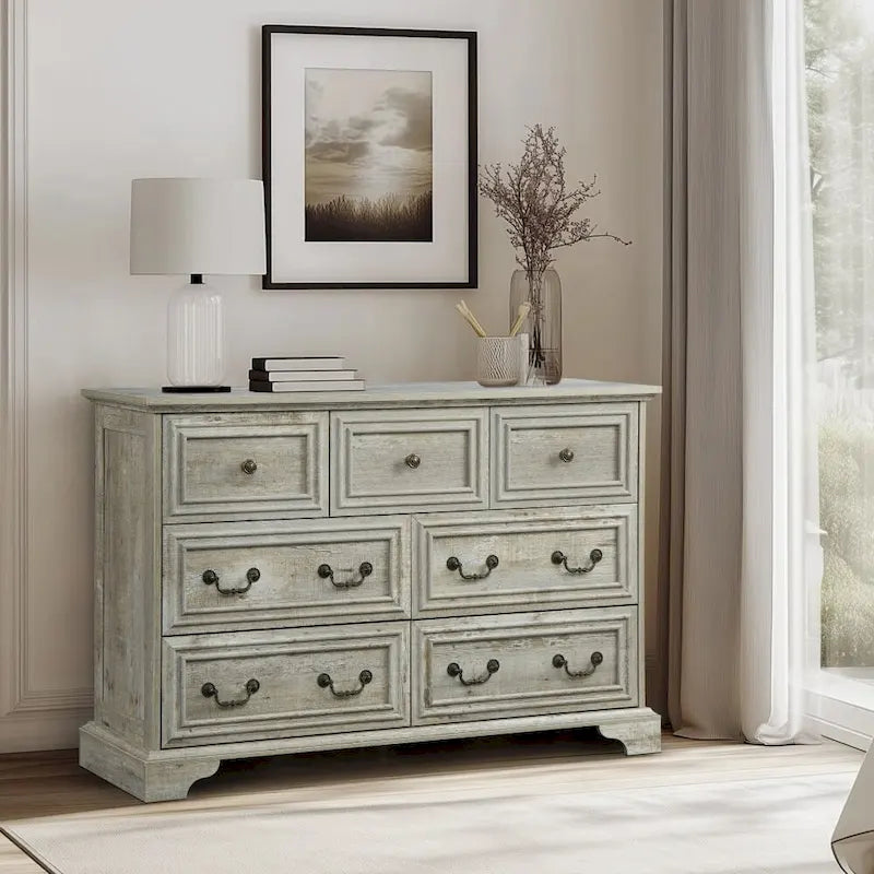 Vintage Style 7-Drawer Wide Dresser with Antique Metal Handles, White