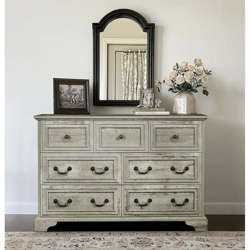 Vintage Style 7-Drawer Wide Dresser with Antique Metal Handles, White