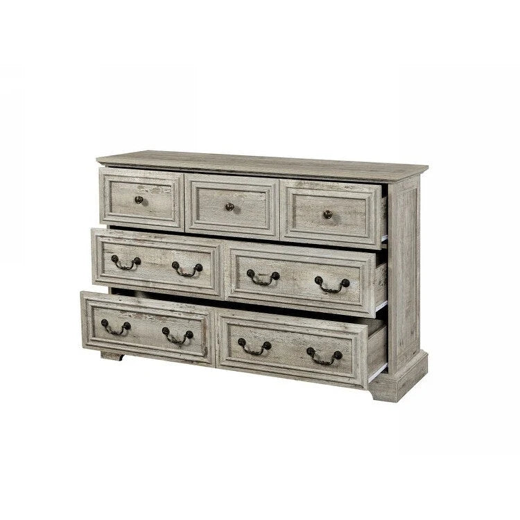 Vintage Style 7-Drawer Wide Dresser with Antique Metal Handles, White