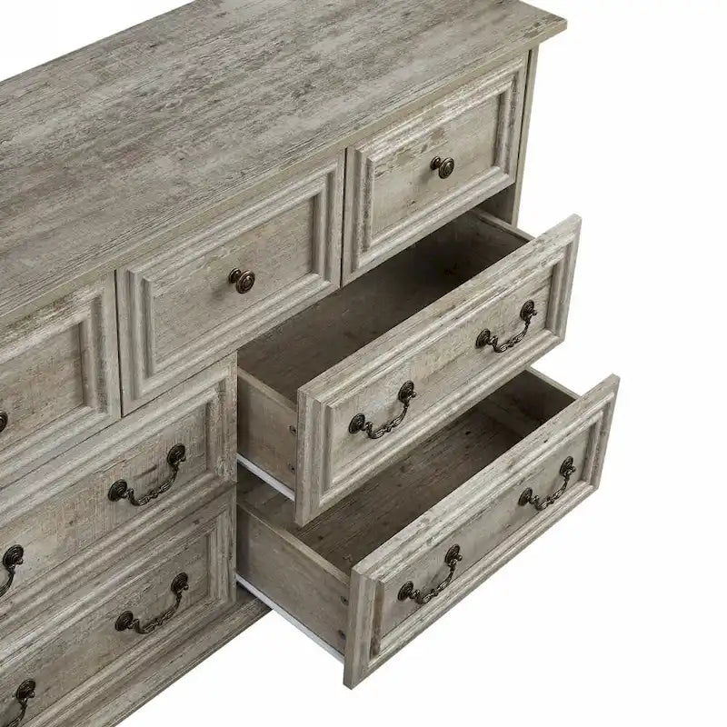 Vintage Style 7-Drawer Wide Dresser with Antique Metal Handles, White