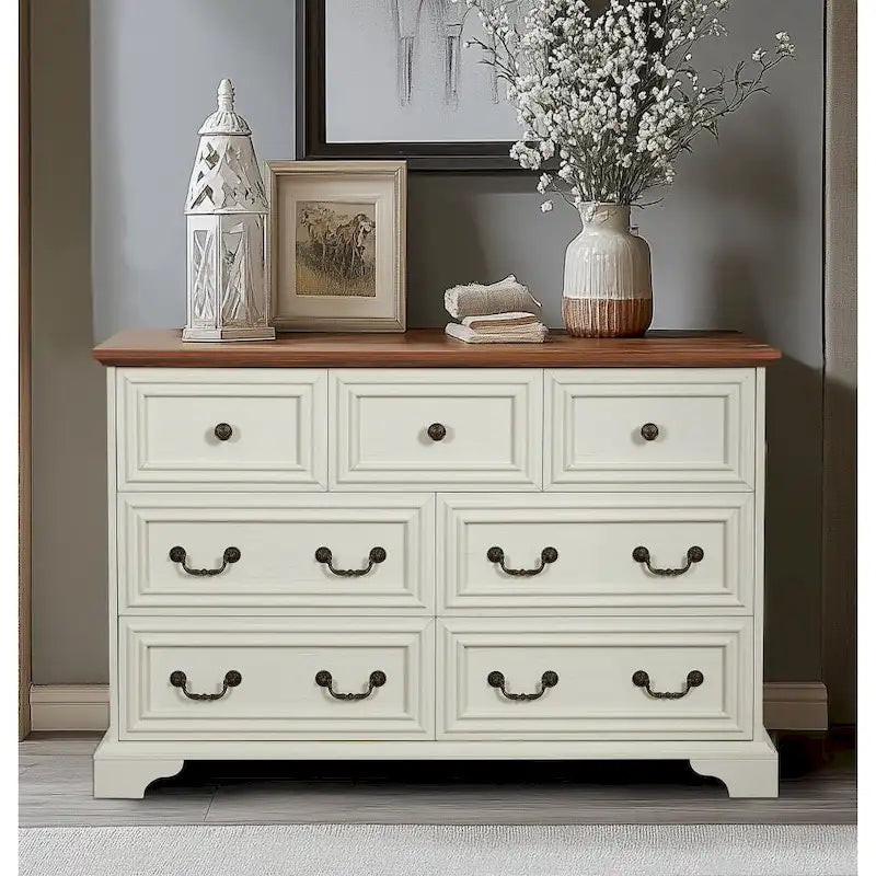 Vintage Style 7-Drawer Wide Dresser with Antique Metal Handles, White