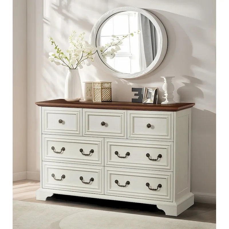 Vintage Style 7-Drawer Wide Dresser with Antique Metal Handles, White