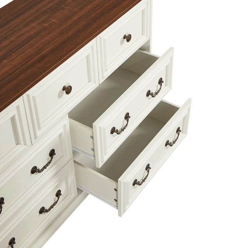 Vintage Style 7-Drawer Wide Dresser with Antique Metal Handles, White