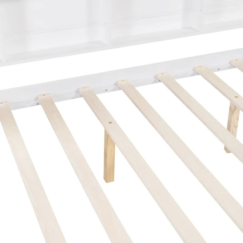 White Full Pine Kids House Platform Bed with Roof and Back Shelf