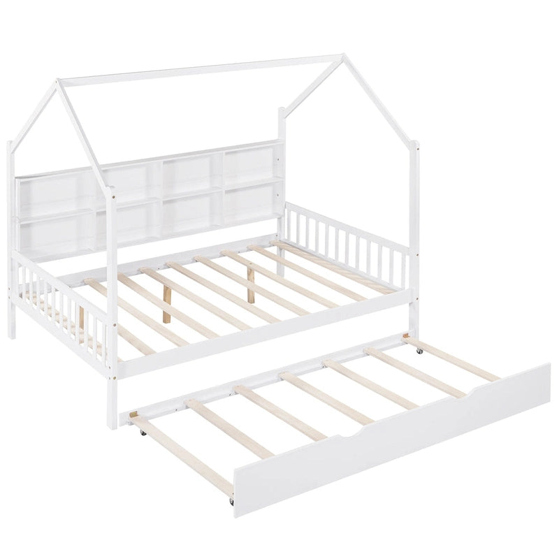 White Full Pine Kids House Platform Bed with Roof and Back Shelf