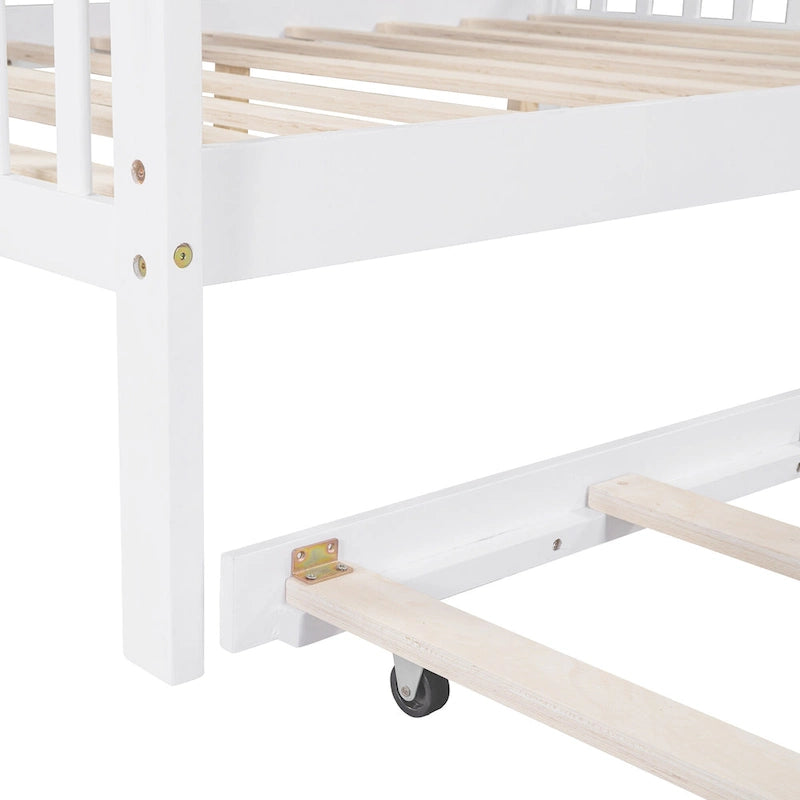 White Full Pine Kids House Platform Bed with Roof and Back Shelf