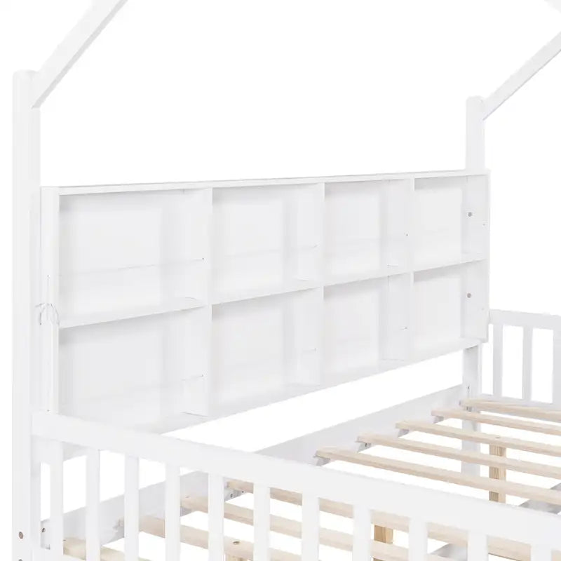 White Full Pine Kids House Platform Bed with Roof and Back Shelf