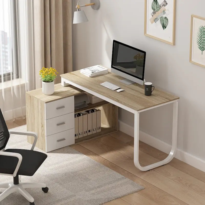 L-Shaped Writing Computer Desk with Drawers and Shelves Multi-Color