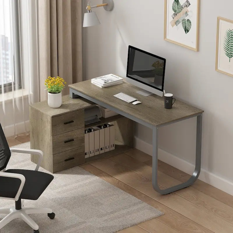 L-Shaped Writing Computer Desk with Drawers and Shelves Multi-Color