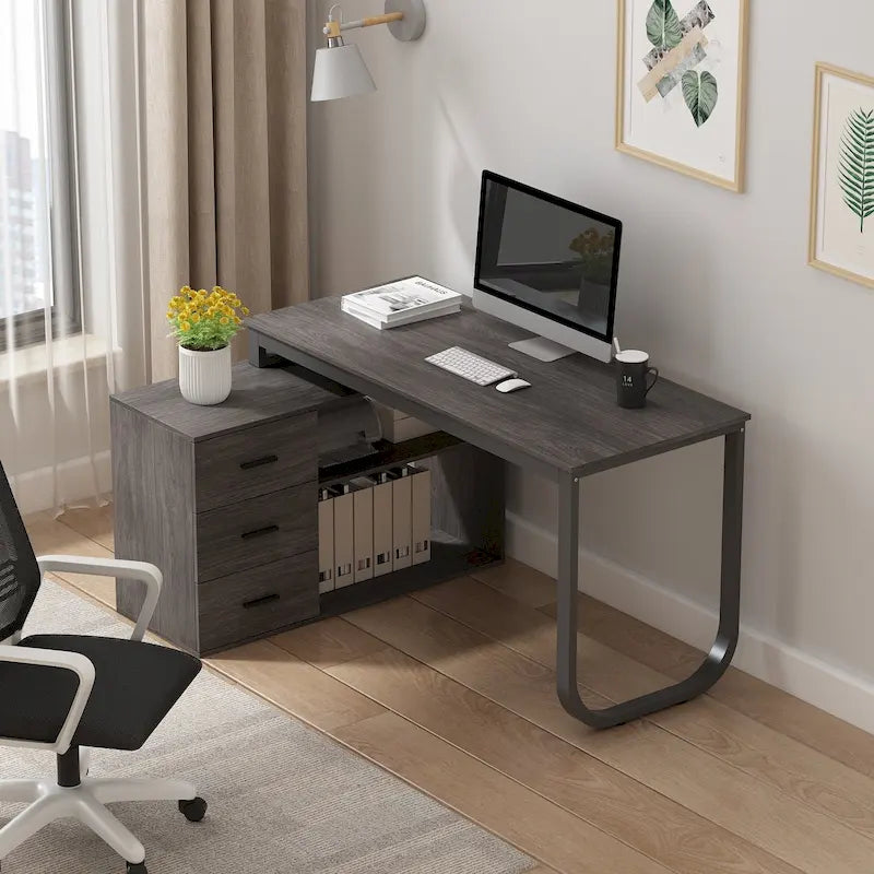 L-Shaped Writing Computer Desk with Drawers and Shelves Multi-Color