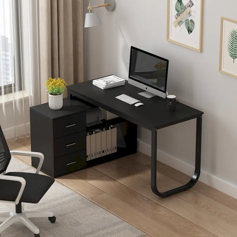 L-Shaped Writing Computer Desk with Drawers and Shelves Multi-Color
