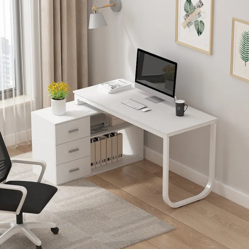 L-Shaped Writing Computer Desk with Drawers and Shelves Multi-Color