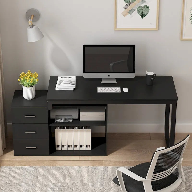 L-Shaped Writing Computer Desk with Drawers and Shelves Multi-Color