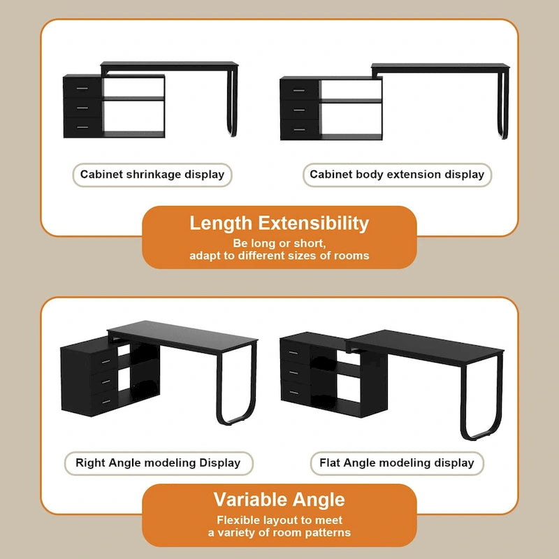 L-Shaped Writing Computer Desk with Drawers and Shelves Multi-Color