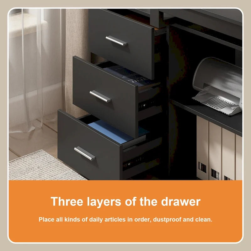 L-Shaped Writing Computer Desk with Drawers and Shelves Multi-Color
