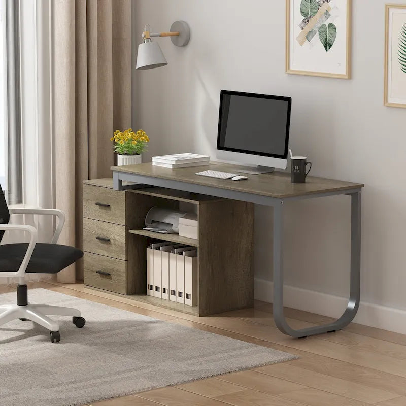 L-Shaped Writing Computer Desk with Drawers and Shelves Multi-Color