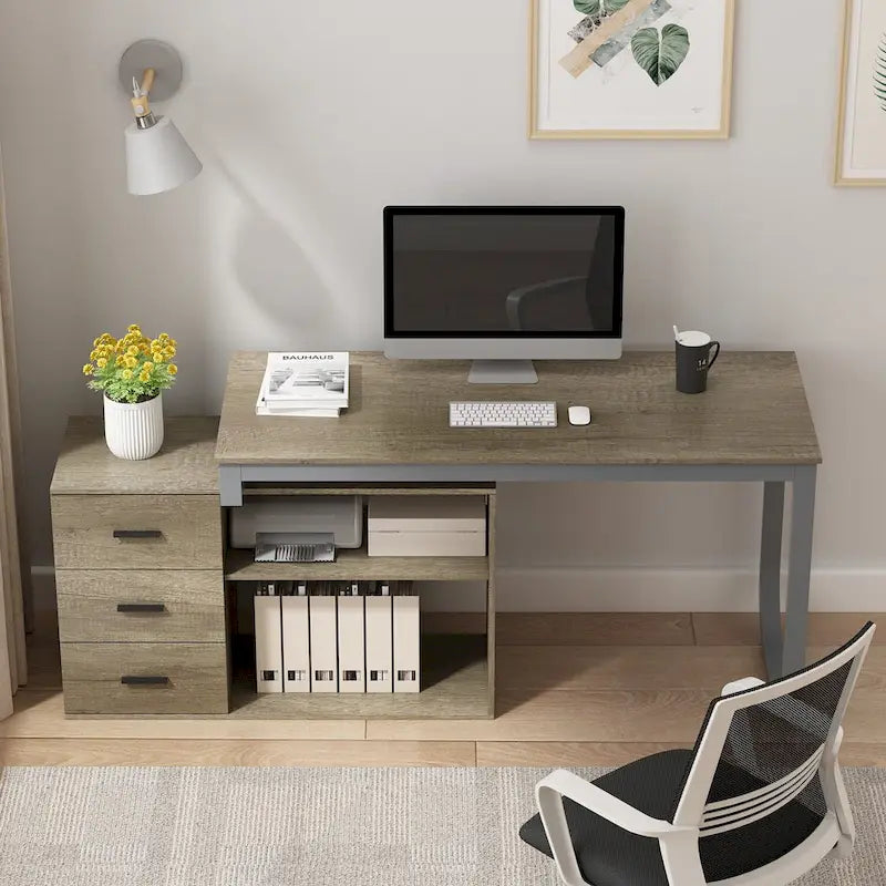 L-Shaped Writing Computer Desk with Drawers and Shelves Multi-Color