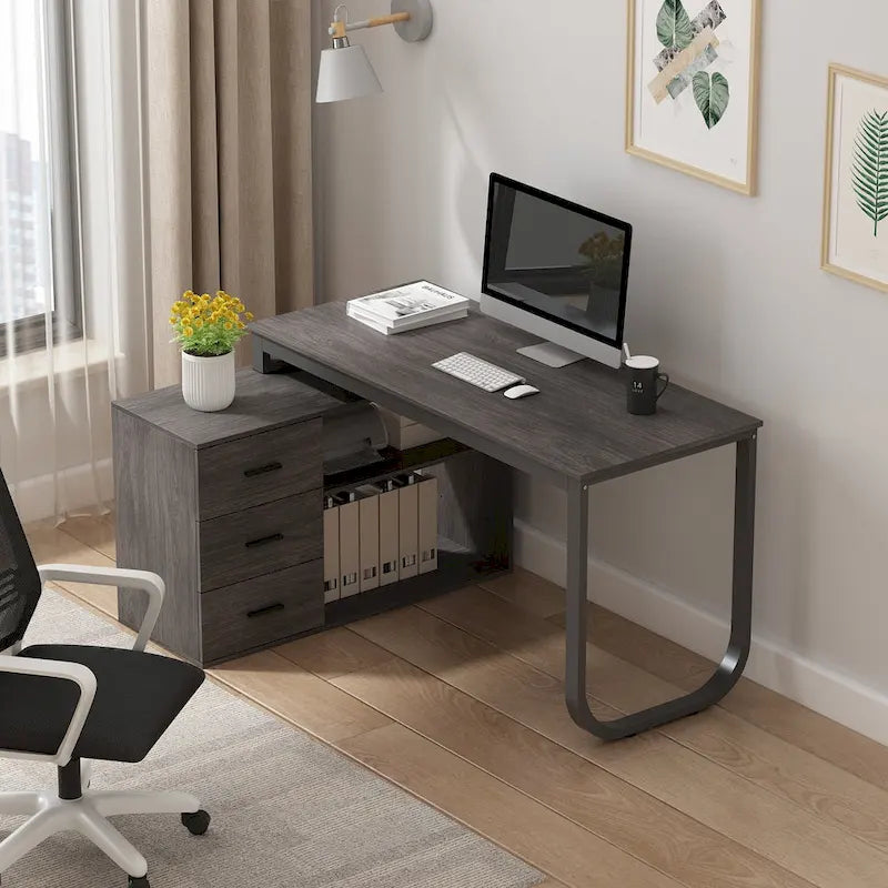L-Shaped Writing Computer Desk with Drawers and Shelves Multi-Color