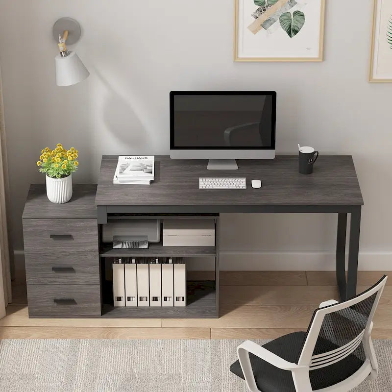 L-Shaped Writing Computer Desk with Drawers and Shelves Multi-Color