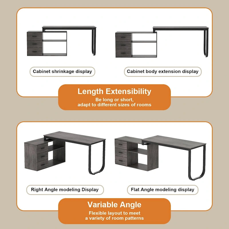 L-Shaped Writing Computer Desk with Drawers and Shelves Multi-Color