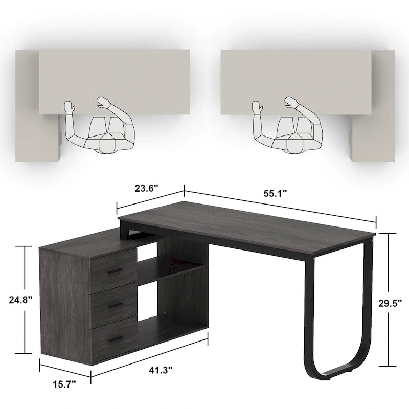 L-Shaped Writing Computer Desk with Drawers and Shelves Multi-Color