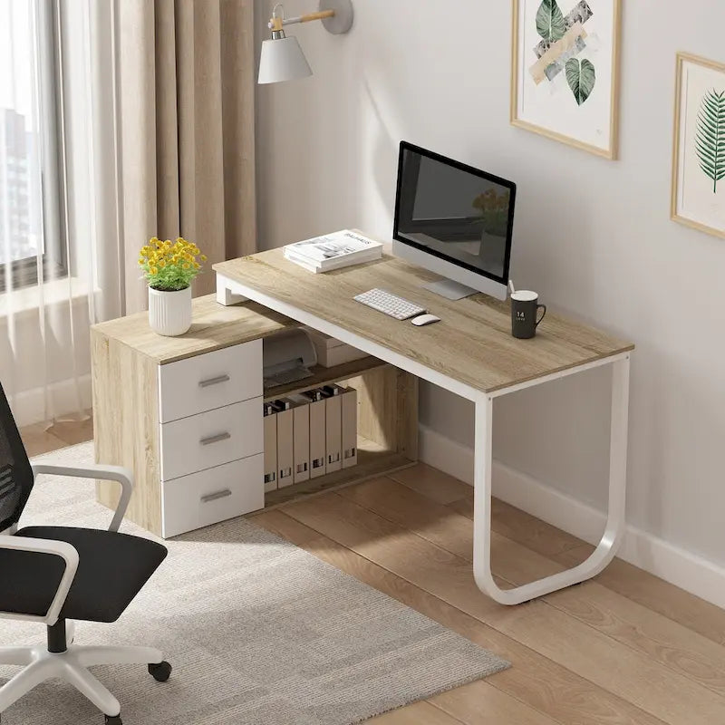 L-Shaped Writing Computer Desk with Drawers and Shelves Multi-Color