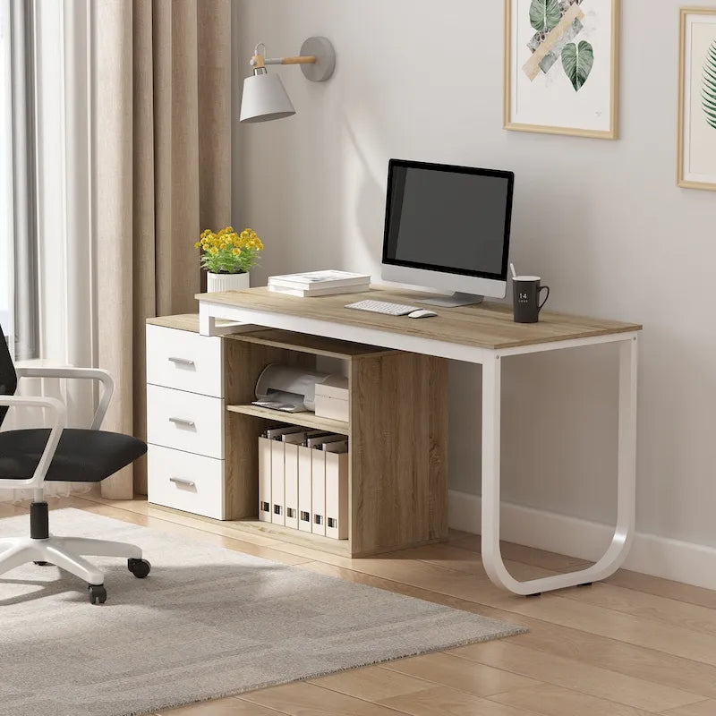 L-Shaped Writing Computer Desk with Drawers and Shelves Multi-Color