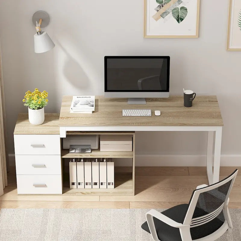 L-Shaped Writing Computer Desk with Drawers and Shelves Multi-Color