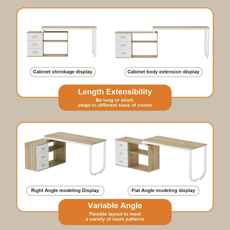 L-Shaped Writing Computer Desk with Drawers and Shelves Multi-Color