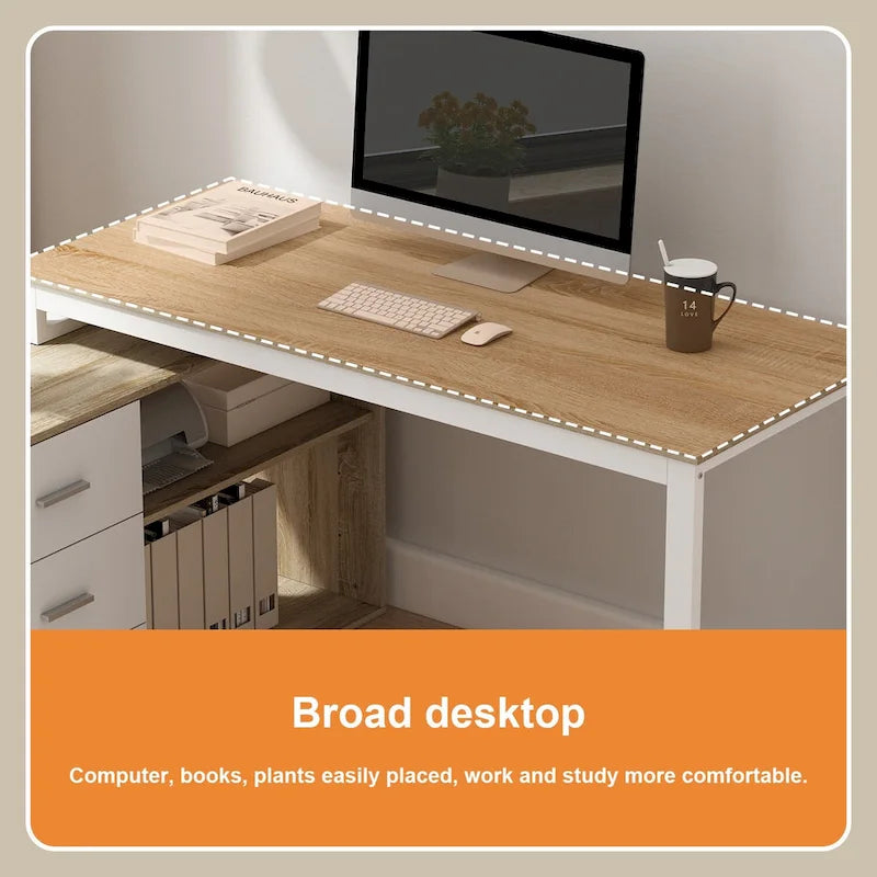 L-Shaped Writing Computer Desk with Drawers and Shelves Multi-Color