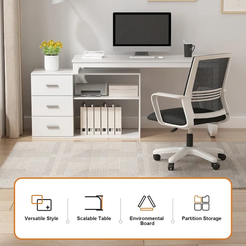 L-Shaped Writing Computer Desk with Drawers and Shelves Multi-Color