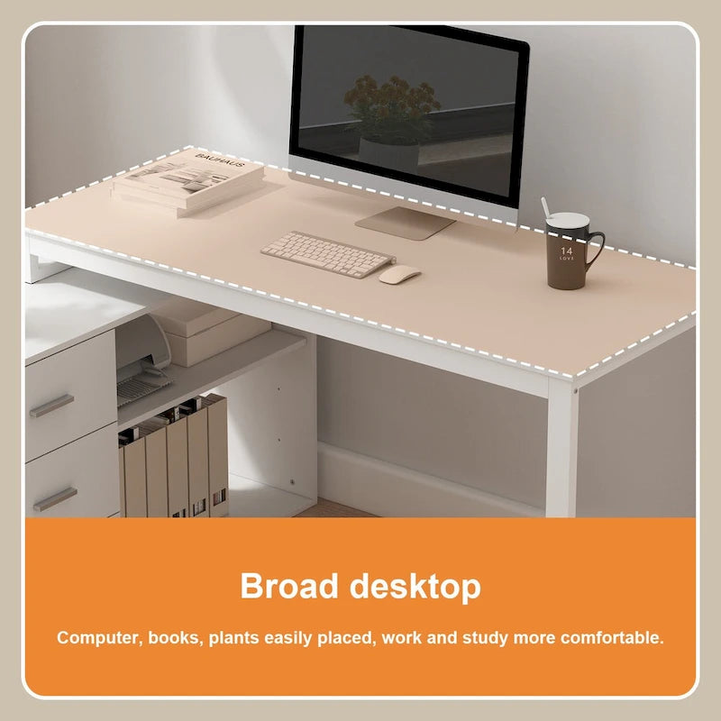 L-Shaped Writing Computer Desk with Drawers and Shelves Multi-Color