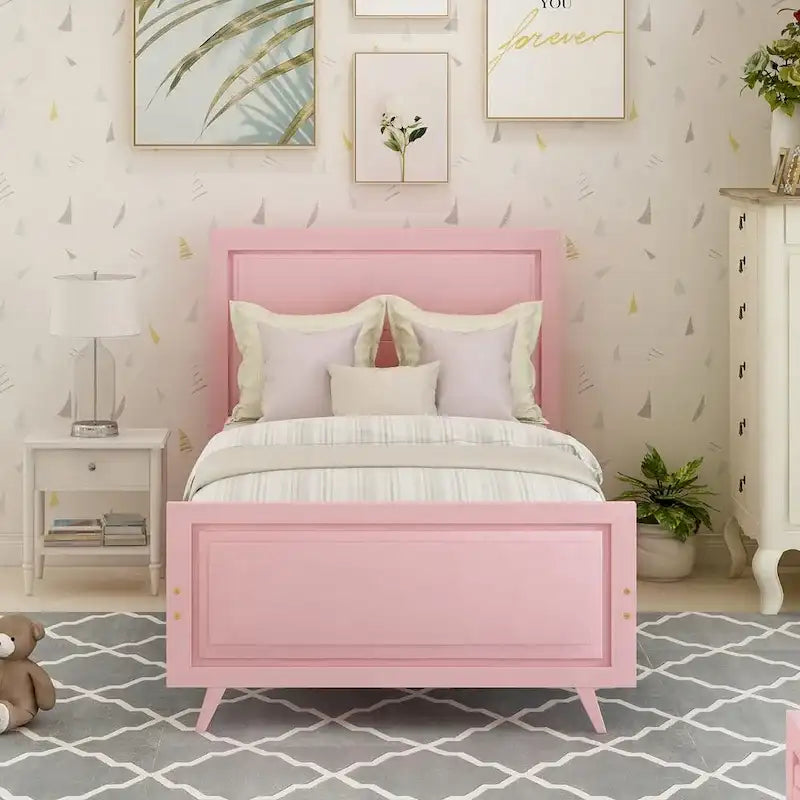 Twin Size Pink Wood Platform Bed with Headboard and Tapered Legs