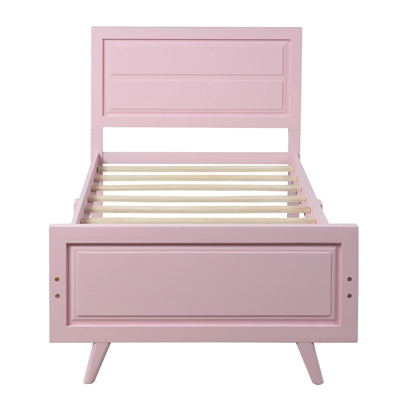 Twin Size Pink Wood Platform Bed with Headboard and Tapered Legs