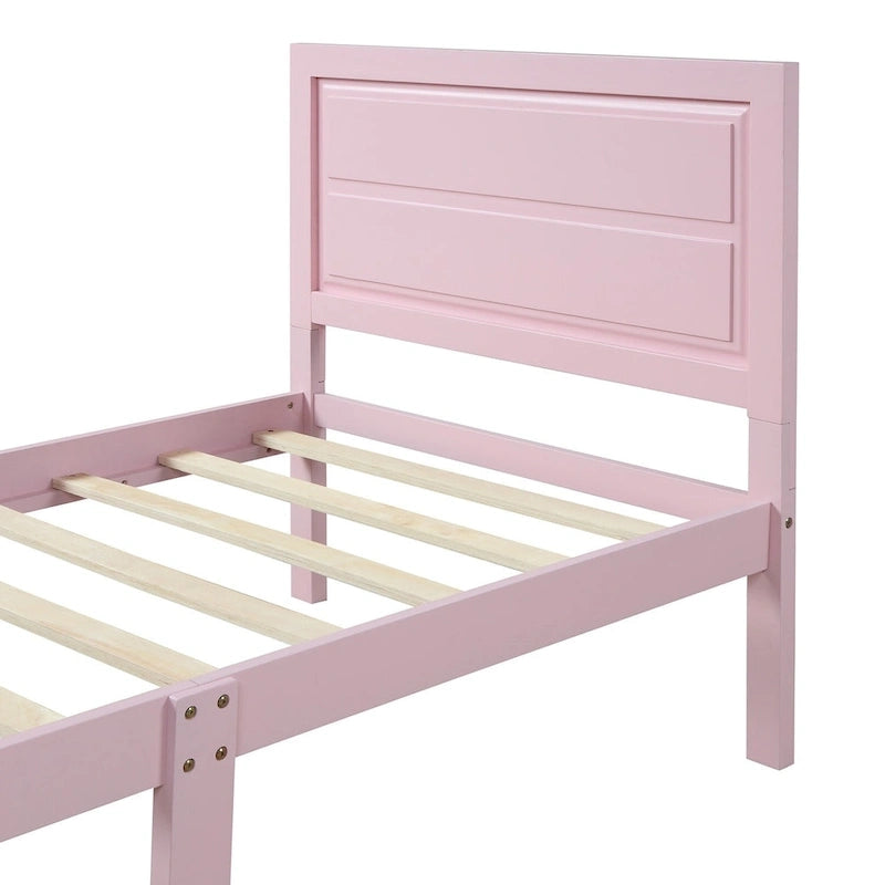 Twin Size Pink Wood Platform Bed with Headboard and Tapered Legs