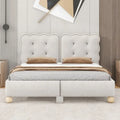 Tufted Beige Upholstered Platform Bed Wooden Slats Headboard