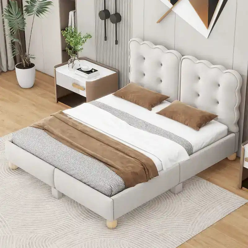 Tufted Beige Upholstered Platform Bed Wooden Slats Headboard