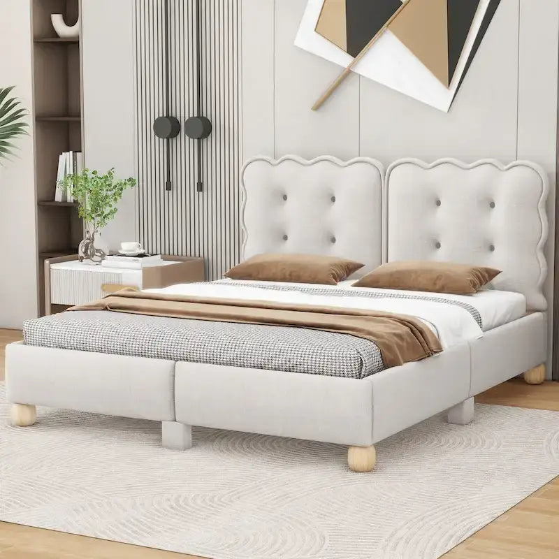 Tufted Beige Upholstered Platform Bed Wooden Slats Headboard