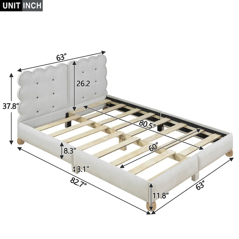 Tufted Beige Upholstered Platform Bed Wooden Slats Headboard