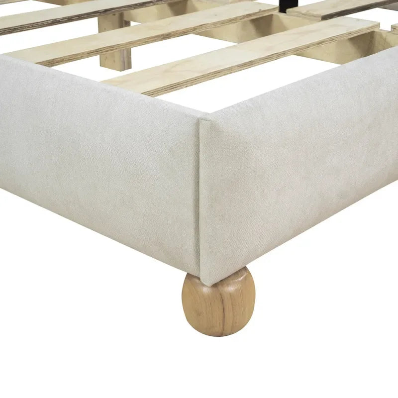 Tufted Beige Upholstered Platform Bed Wooden Slats Headboard