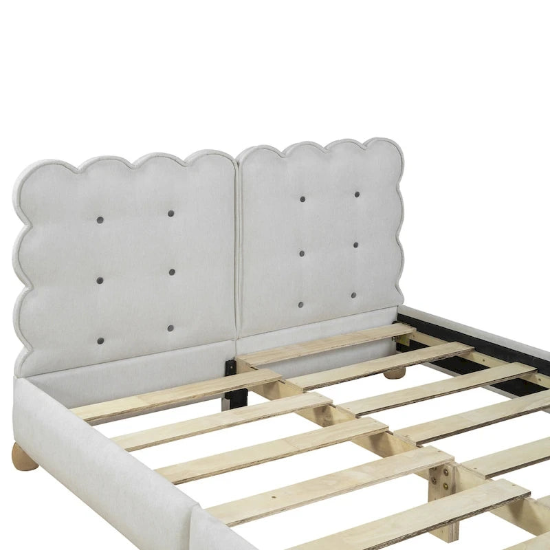 Tufted Beige Upholstered Platform Bed Wooden Slats Headboard
