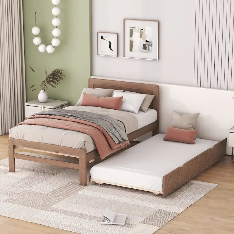 Walnut Finish Wood Platform Bed with Pull-Out Trundle Sleeper