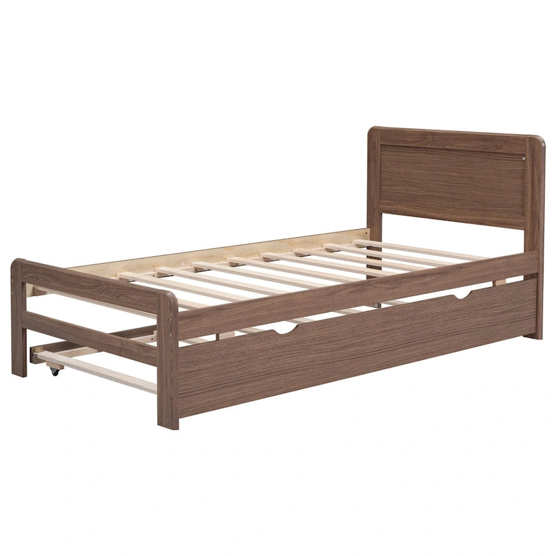 Walnut Finish Wood Platform Bed with Pull-Out Trundle Sleeper