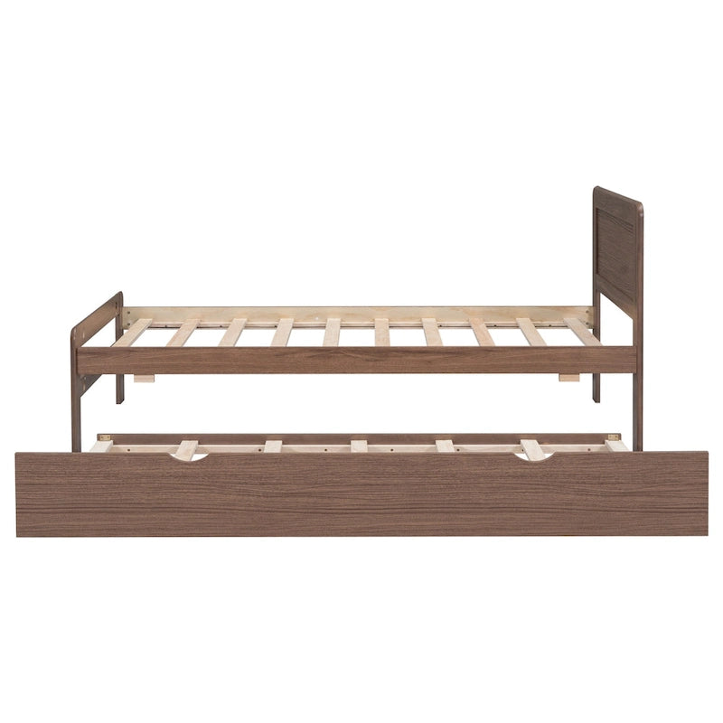 Walnut Finish Wood Platform Bed with Pull-Out Trundle Sleeper