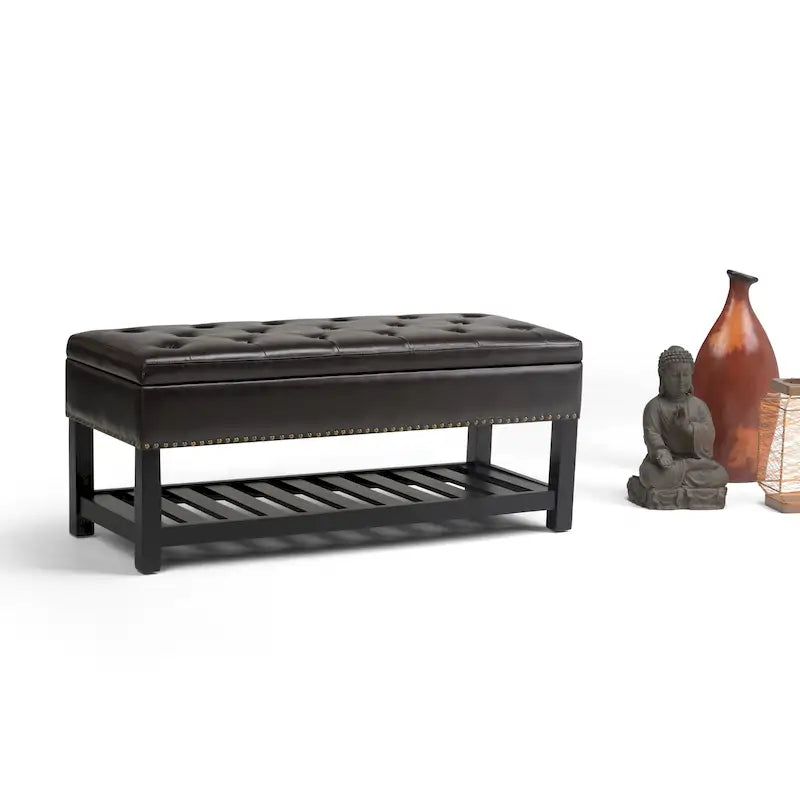Tufted Faux Leather Storage Ottoman Bench with Open Slat Shelf