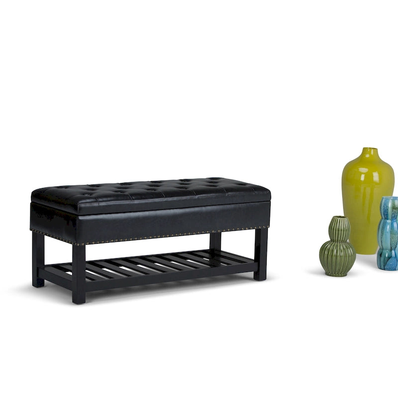 Tufted Faux Leather Storage Ottoman Bench with Open Slat Shelf