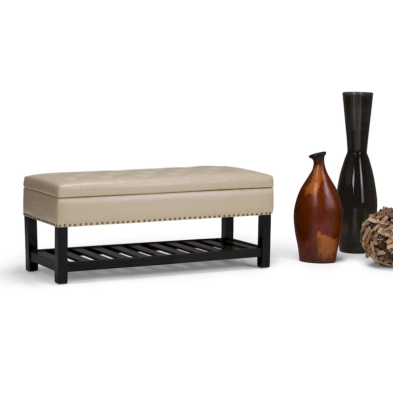 Tufted Faux Leather Storage Ottoman Bench with Open Slat Shelf