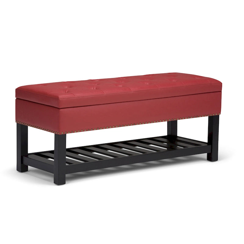 Tufted Faux Leather Storage Ottoman Bench with Open Slat Shelf